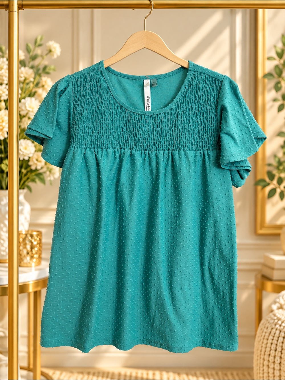 NY Collection Petite Swiss Dot Double Flutter Sleeve Blouse PXL Teal